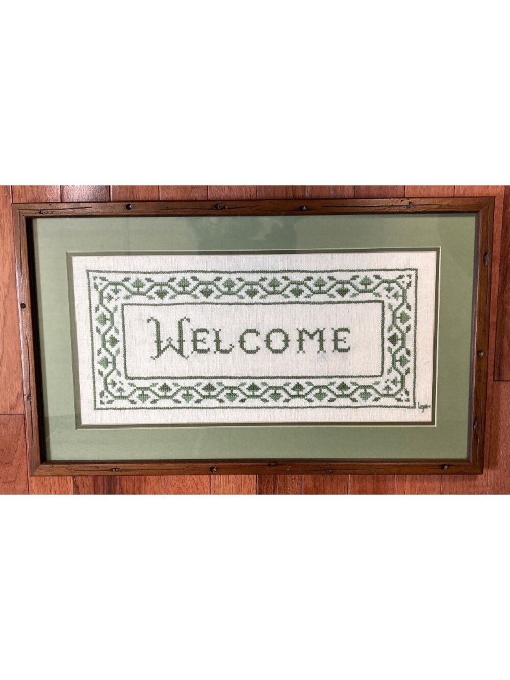 Handmade Framed Cross Stitch Welcome Sign Green Border 21x13 Wood Frame Glass De